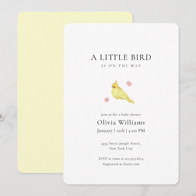 Convite Minimalist Tiny Floral Bird Baby Shower  (Frente/Verso)
