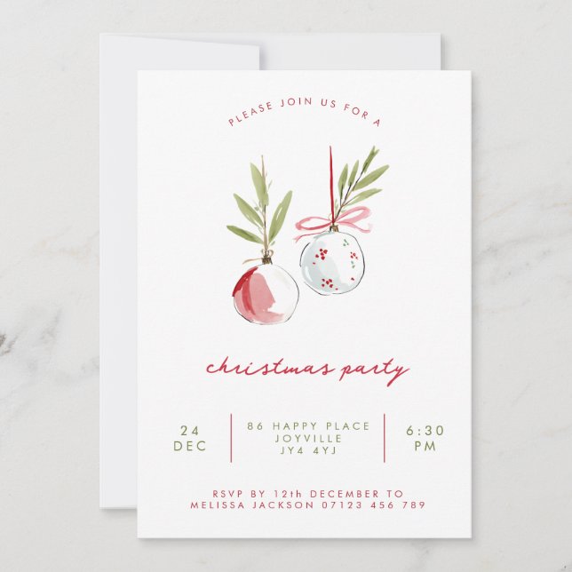 Convite Minimalist Watercolor Ornaments Christmas Party (Frente)