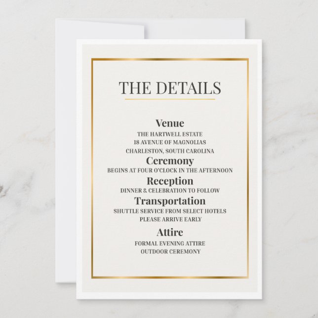 Convite Minimalist Wedding Details Card – Gold Border (Frente)