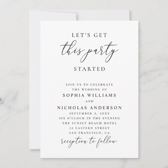 Convite Minimalist Wedding | Let’s Get This Party Started (Frente)