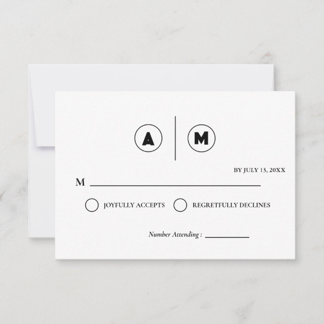 Convite Minimalist Wedding RSVP Card | Simple Black &White (Frente)