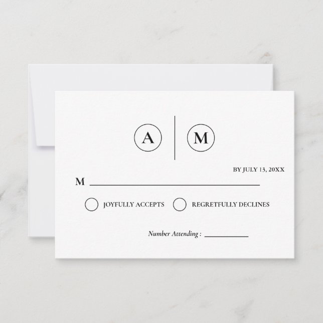 Convite Minimalist Wedding RSVP Card | Simple Black &White (Frente)