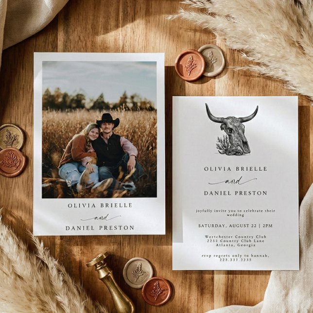 Convite Minimalist Western Cow Skull Rustic Photo Wedding (Criador carregado)