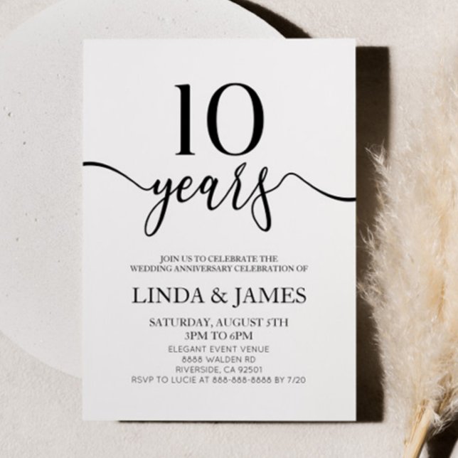Convite Minimalist White Black 10th Wedding Anniversary (Criador carregado)
