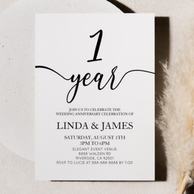 Convite Minimalist White Black 1st Wedding Anniversary (Criador carregado)