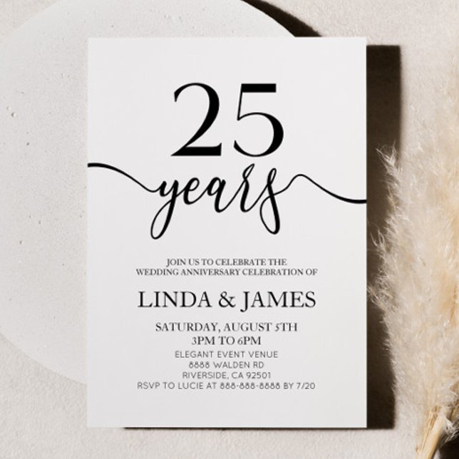 Convite Minimalist White Black 25th Wedding Anniversary (Criador carregado)