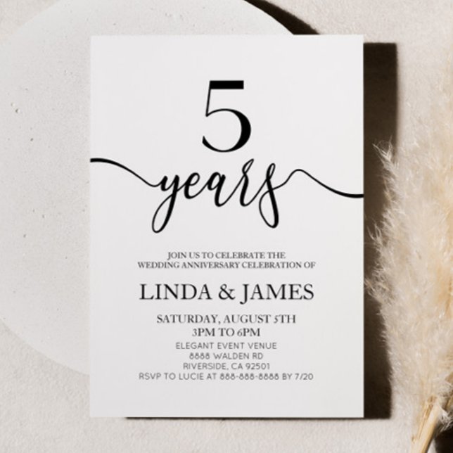 Convite Minimalist White Black 5th Wedding Anniversary (Criador carregado)