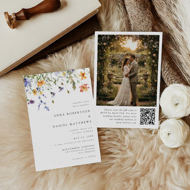 Convite Minimalist Wildflower QR Code  Photo Wedding Invit (Criador carregado)