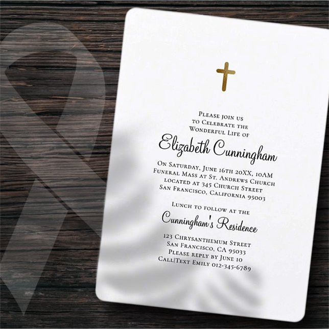 Convite Minimalist with Faux Gold Cross Memorial Funeral (Criador carregado)