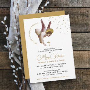 Convite Minimalista Anjo de Batismo em Ouro Branco Elegant