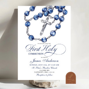 Convite Minimalista Blue Rosary Boy Baptism