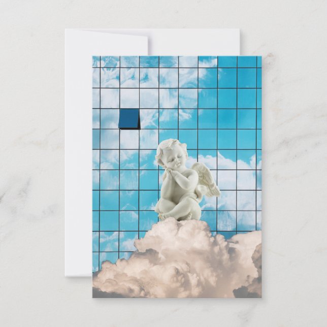 Convite Minimalista Branco Místico Anjo Céu Visão Urbana (Frente)