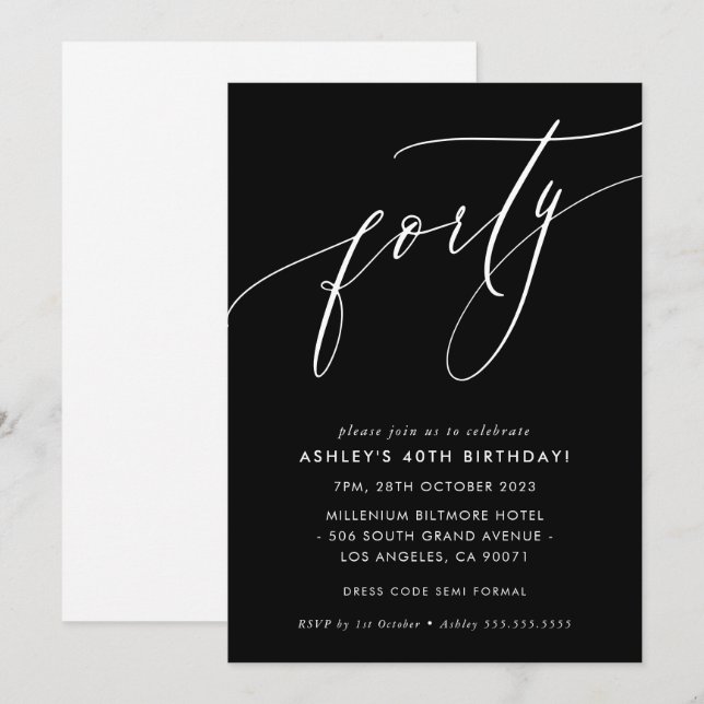 Convite MINIMALISTA Caligrafia elegante aniversário de 40  (Frente/Verso)