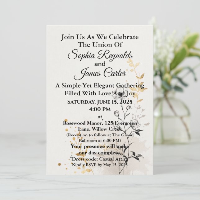 Convite Minimalista | Casamento com Design de Arte Elegant (Em pé/Frente)