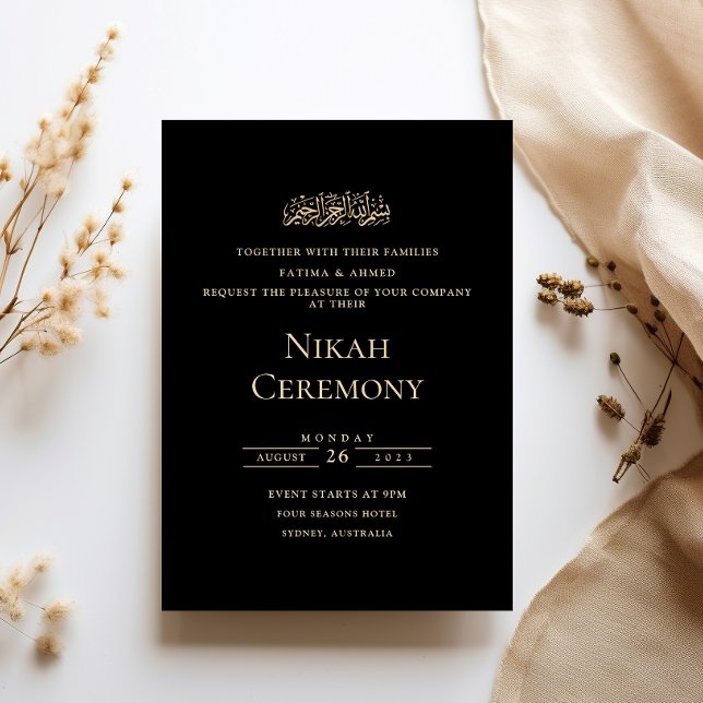 Convite Minimalista Cerimônia de Nikah Preta com Letra Dou (Criador carregado)