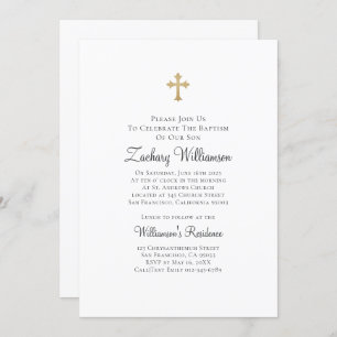 Convite Minimalista com Faux Dourado Cross Baptismal