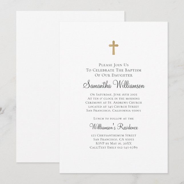 Convite Minimalista com Faux Dourado Cross Baptismal (Frente/Verso)