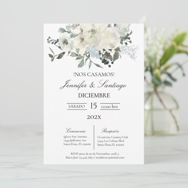 Convite minimalista con flor blanca para boda (Em pé/Frente)