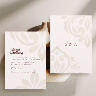 Convite Minimalista Creme Borgonha Elegante Damasco Casame