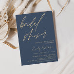 Convite Minimalista de Script Azul do Marinho chá de panel<br><div class="desc">Marinho minimalista,  Chá de panela azul e Elegante Dourado e moderno para o outono traseiro (outono),  inverno,  Primavera ou convites para o Verão - inclui uma bela e elegante tipografia de script para a celebração especial da Noiva ser antes do casamento.</div>