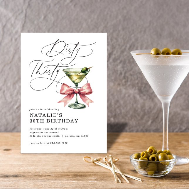 Convite Minimalista Dirty Thirty Martini Laço Rosa Anivers (Minimalist Dirty Thirty Martini Pink Bow Birthday Invitation)