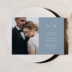 Convite Minimalista e Chic Casamento de Foto Azul Empoei