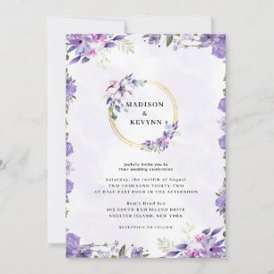 Convite Minimalista e Chic Floral Roxo Dourado Casamento