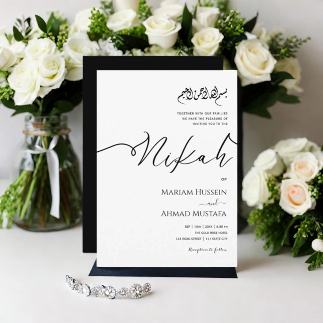 Convite Minimalista Moderna Caligrafia Negra e Branca Nika (Minimalist Modern Calligraphy Black & White Nikah Invitation)