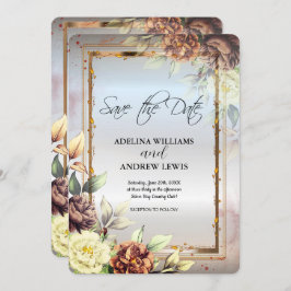 Convite Minimalista Moldura de Prata Simples Flores Rosa,