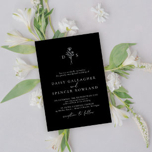 Convite Minimalista Monograma Floral Preto Casamento Moder