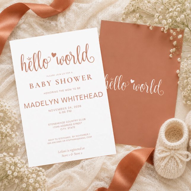 Convite Minimalista Olá Mundo Chá de Bebê Terracota (Invite your loved ones to you baby shower with these modern Hello World minimalistic Invitations.)