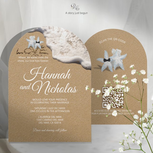 Convite Minimalista para Casamento de Arca de Prai (Elegant arched wedding invitation styled with veil and baby’s breath accents.)