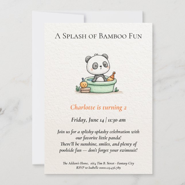 Convite Minimalista para Festa de Piscina do Panda (Frente)