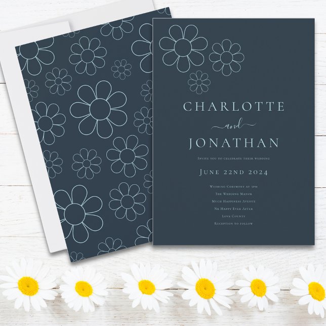 Convite Minimalista Retro Daisy Azul (Minimalist retro daisy blue wedding invitation )