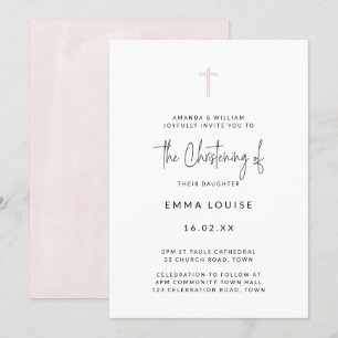 Convite Minimalista Rosa Moderno Script Aguarela Batismo