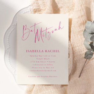 Convite Minimalista Rosa Quente Creme Moderno Bat Mitzvah