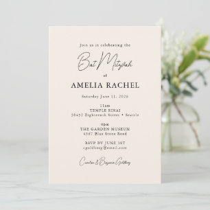 Convite Minimalista Script Creme Marfim Moderno Bat Mitzva