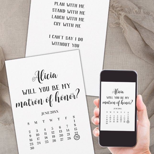 Convite Minimalista seja minha proposta de calendário hone (save the date matron of honor calendar minimalist, will you be my matron of honor card)
