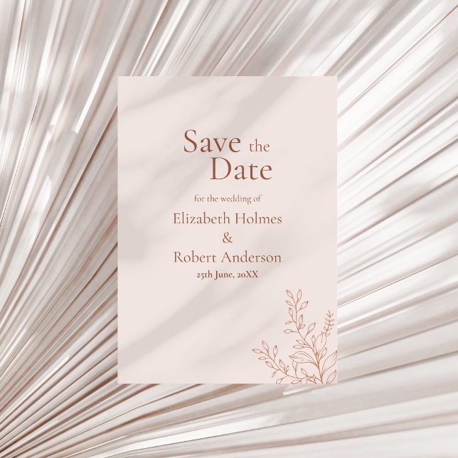 Convite Minimalista Terracota Botânica Save the Date (Minimal Terracotta Botanical Save the Date Invitation on a sunny neutral dry palm leaf.)