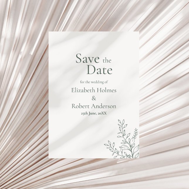 Convite Minimalista Verde Sage Botânico Save the Date (Minimal Sage Green Botanical Save the Date Invitation on a neutral dry palm leaf.)