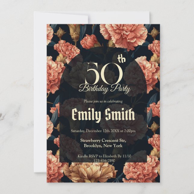 Convite Minimalistic Carnation Sparkle 50Th Birthday (Frente)