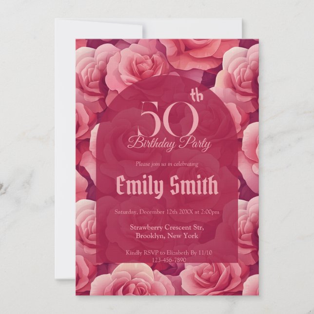 Convite Minimalistic Rose Floral 50Th Birthday (Frente)