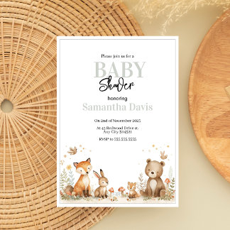 Convite Minimalistic Woodland Animals Baby Shower