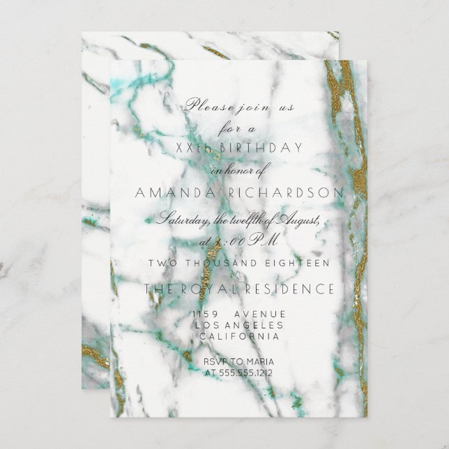 Convite Minimismo Mint Verde Branco Dourado Mármaco Verde (Frente/Verso)