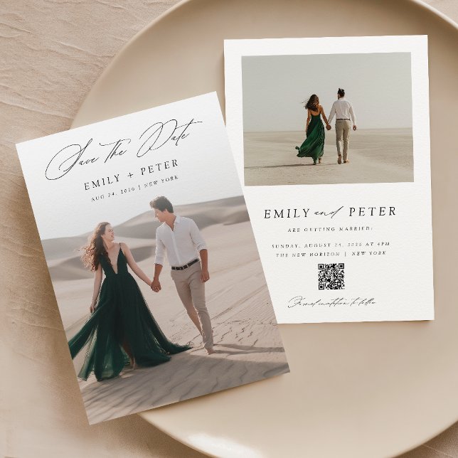 Convite Mínimo 2 Fotografias de Script Elegante Guardar A  (Criador carregado)