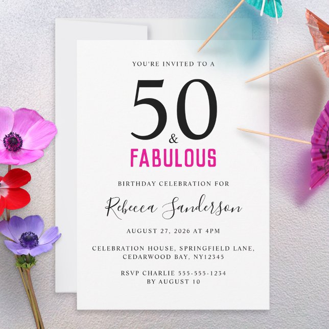 Convite Mínimo 50 e Fabuloso Aniversário de 50 anos Rosa (A modern invitation for a 50th birthday party, with black and hot pink text on a white background)