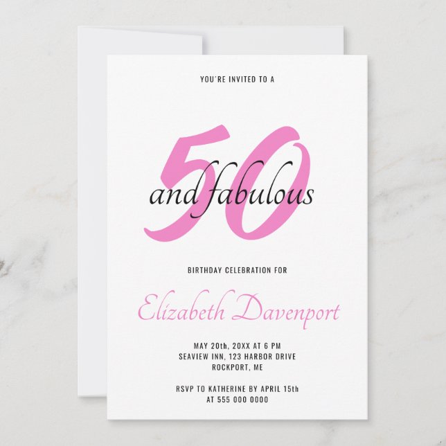 Convite Mínimo 50 e Fabuloso Aniversário Preto e Rosa (Frente)