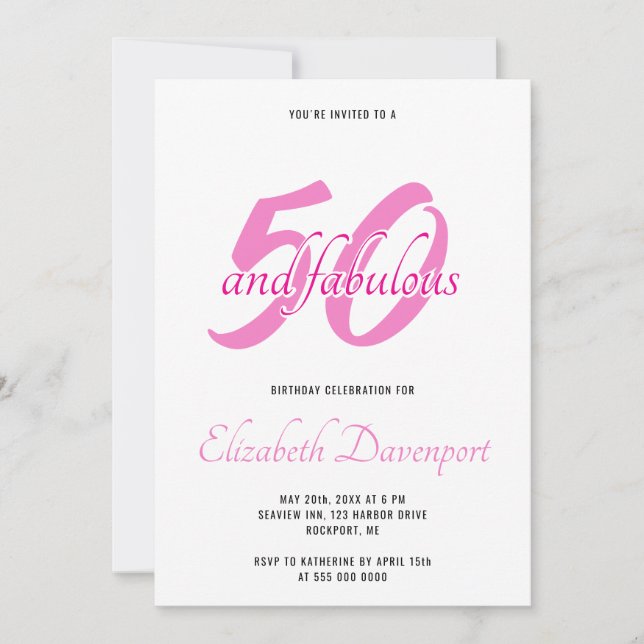 Convite Mínimo 50 e Fabuloso Aniversário Preto e Rosa (Frente)