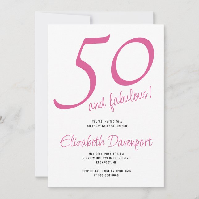 Convite Mínimo 50 e Fabuloso Aniversário Rosa (Frente)