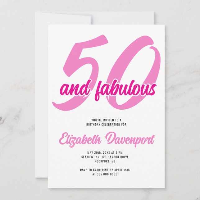 Convite Mínimo 50 e Fabuloso Aniversário Rosa (Frente)